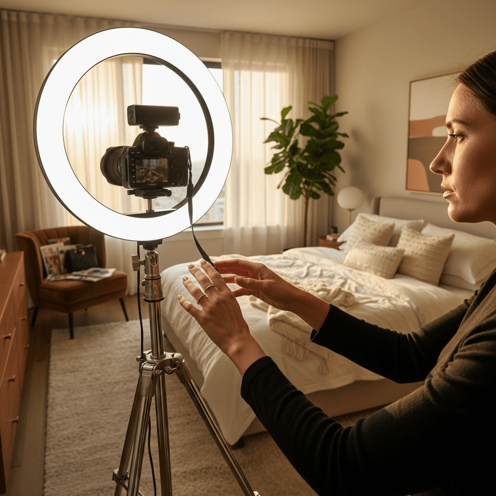 Professional photographer setting up equipment in holiday apartment