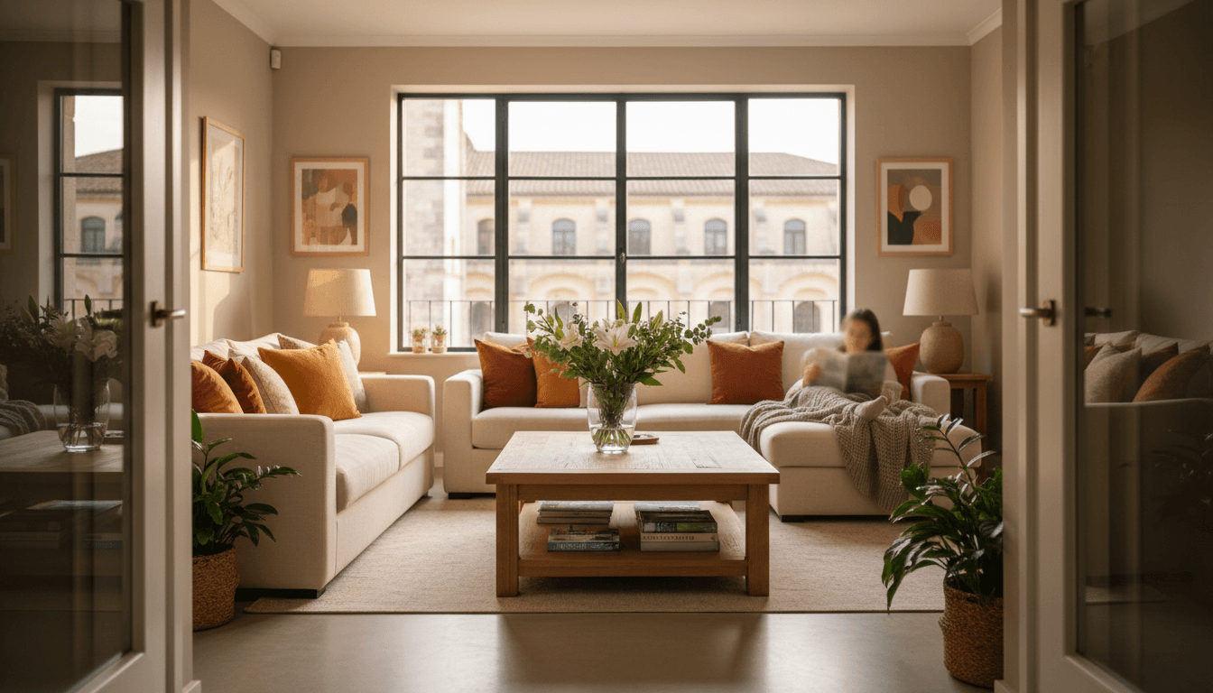 Spacious vacation rental living room with comfortable seating, windows overlooking historic architecture, warm afternoon natural lighting