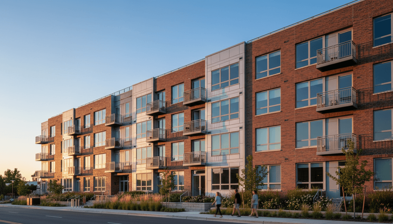 Contemporary mid-rise apartment building exterior photographed at golden hour with modern architectural details and pedestrian activity